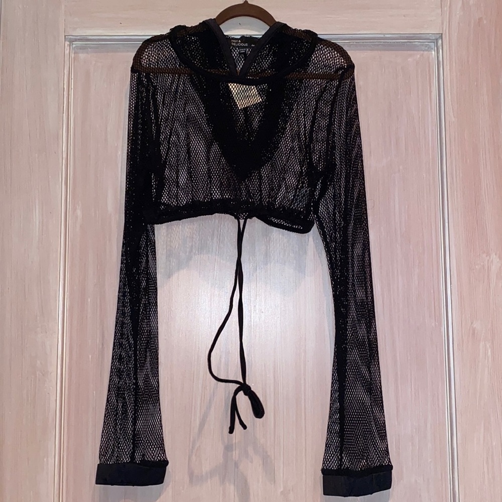 NWT Black Mesh Cropped Hoodie Top